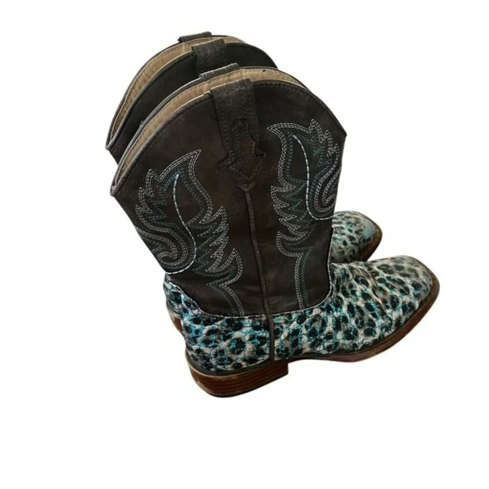 Roper Girls Glitter Leopard Western Western Boots Square Toe Size 2